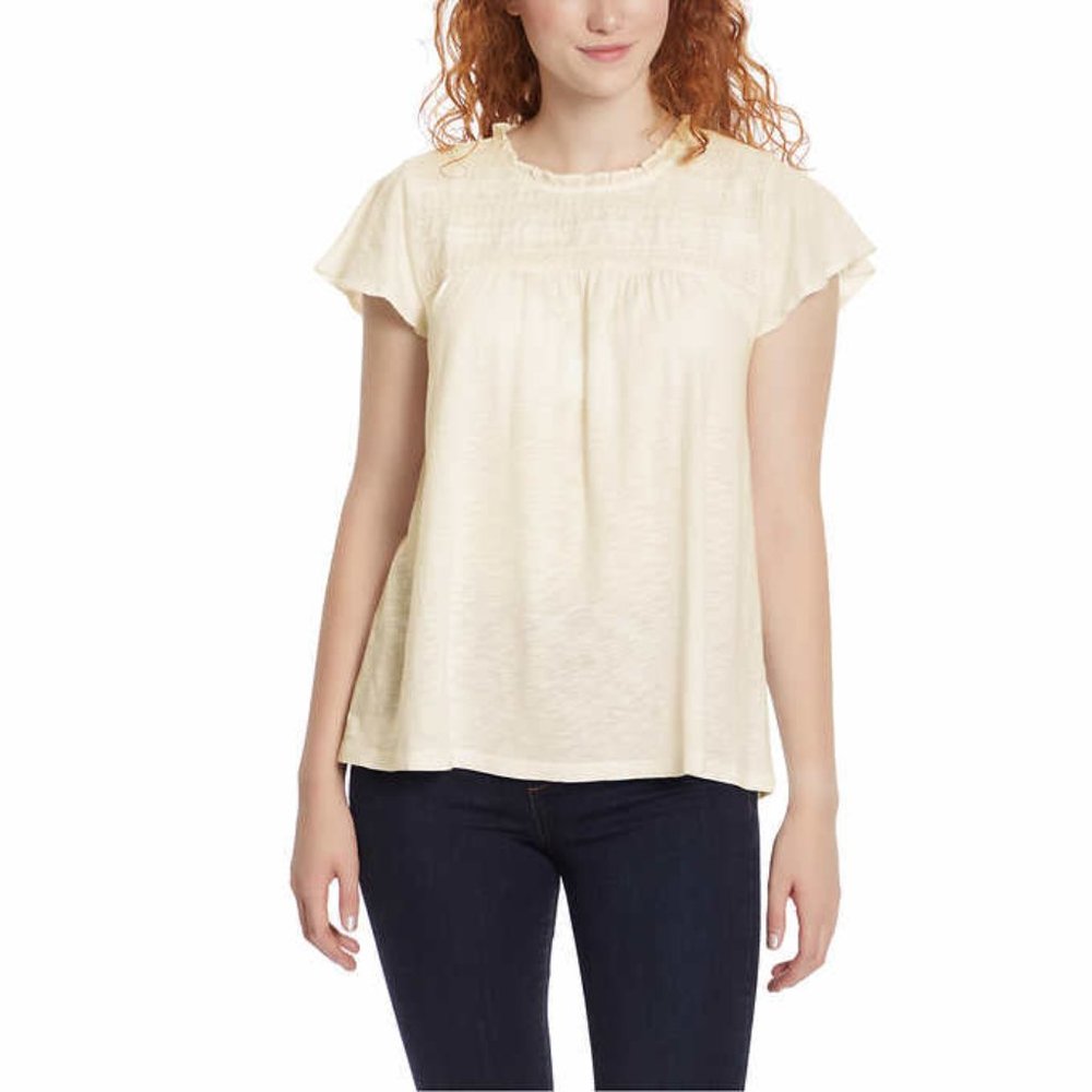 NWT Ella Moss Women's Lace Trim Crew Neck Knit Top Cream Size M $60 1HL207
